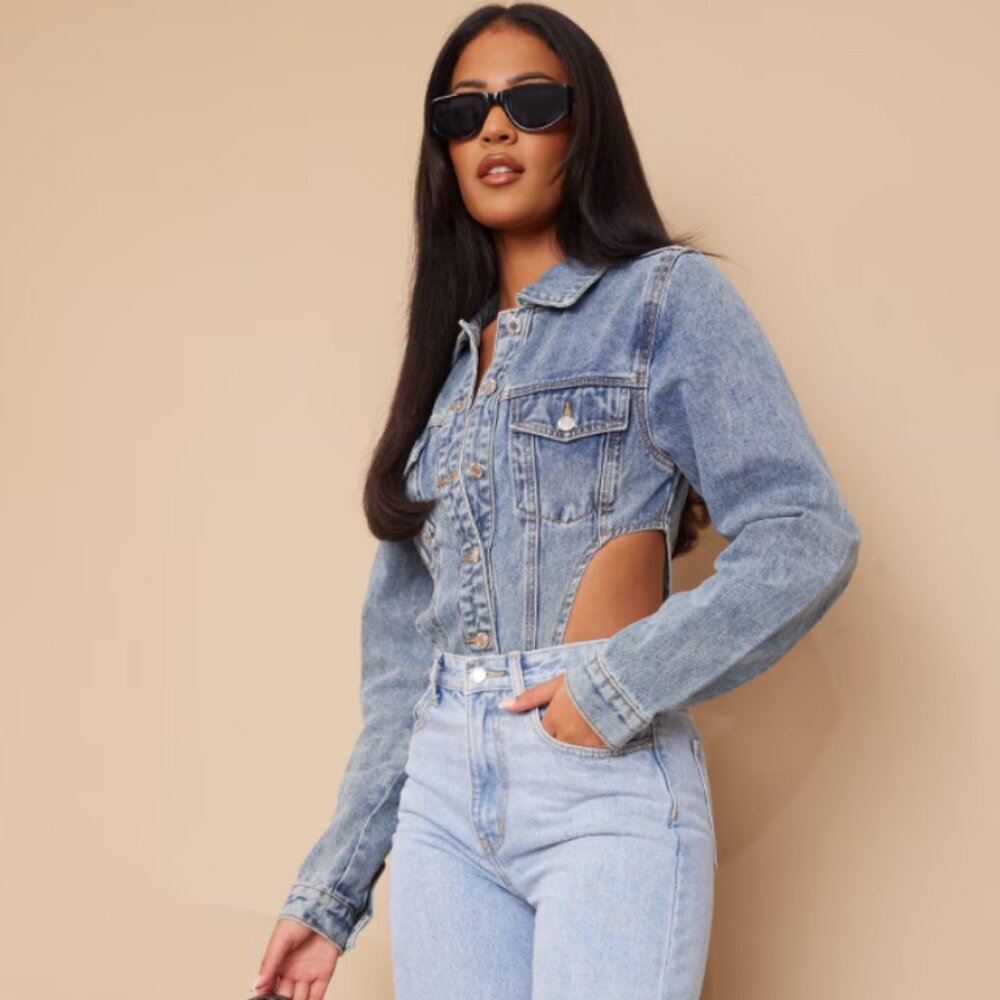 Pretty Little Thing Acid Blue Wash Denim Jacket High Bodysuit